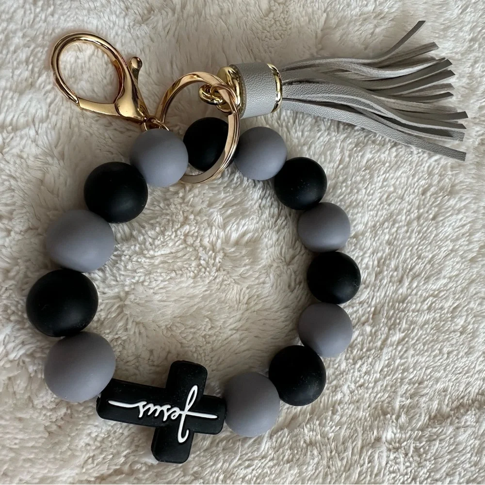 Wristlet Keychain Jesus Cross Tassel Black & Gray Beaded Keychain Bracelet NWT